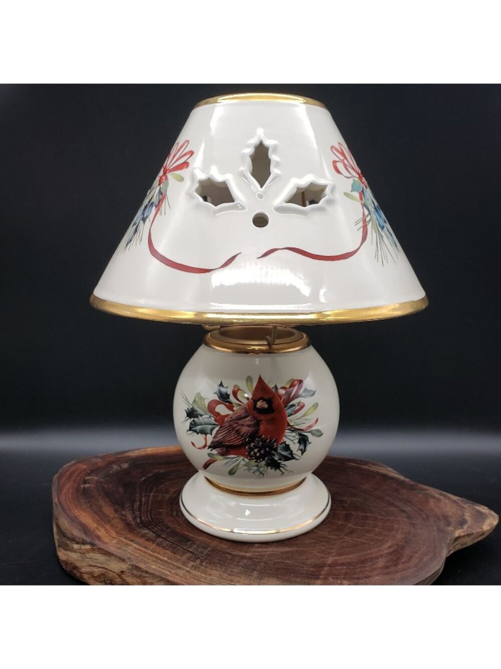 Lenox Winter Greetings Cardinal Candle Lamp 10" Catherine McClung 2pc Gold Trim